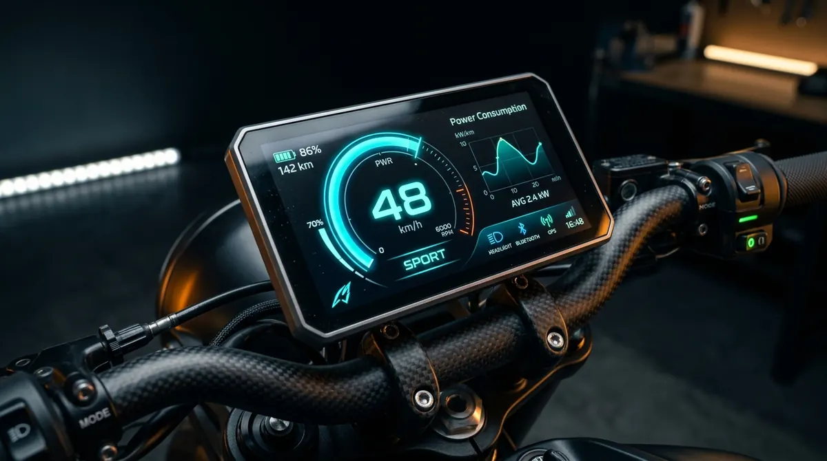 Electric two-wheeler dashboard with a dark theme showing speed, battery range and power consumption