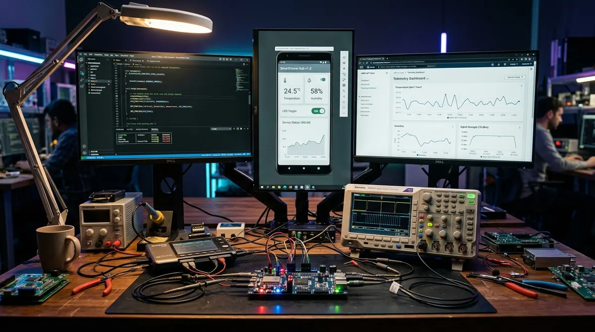 Development bench with firmware code, a mobile app, a cloud telemetry dashboard and an oscilloscope on the device under test