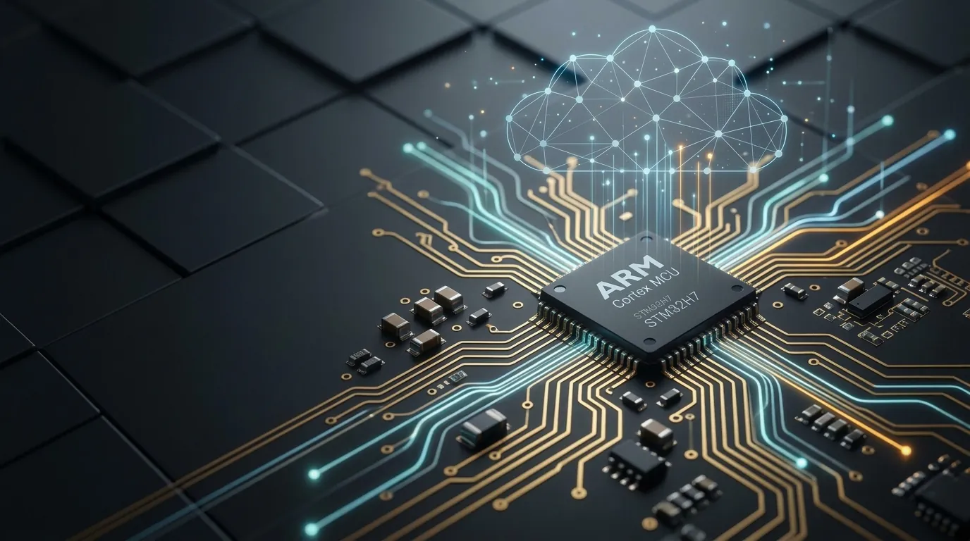 ARM Cortex MCU on a circuit board with traces rising to a cloud network