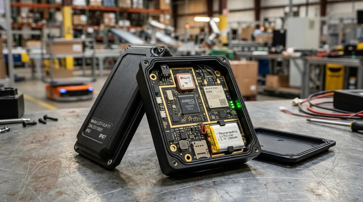 Rugged low-power IoT tracker opened to show its Apollo2 MCU board, GPS and cellular modules and Li-polymer battery