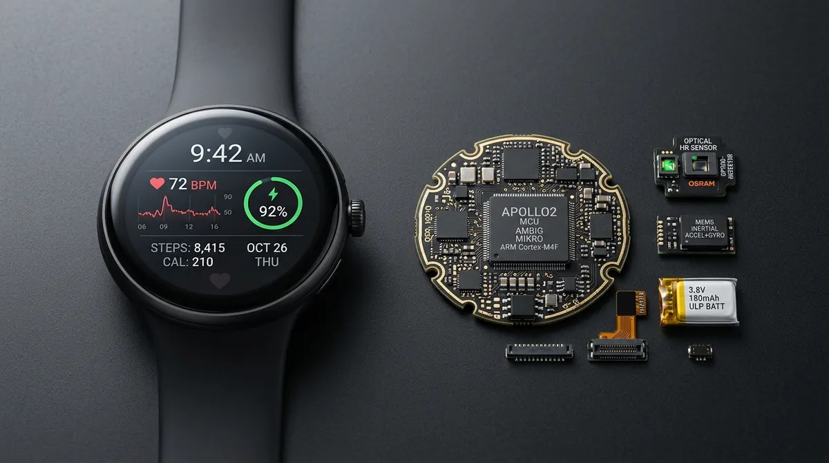 Smart watch beside its round Apollo2 main board, heart rate sensor, inertial sensor and battery