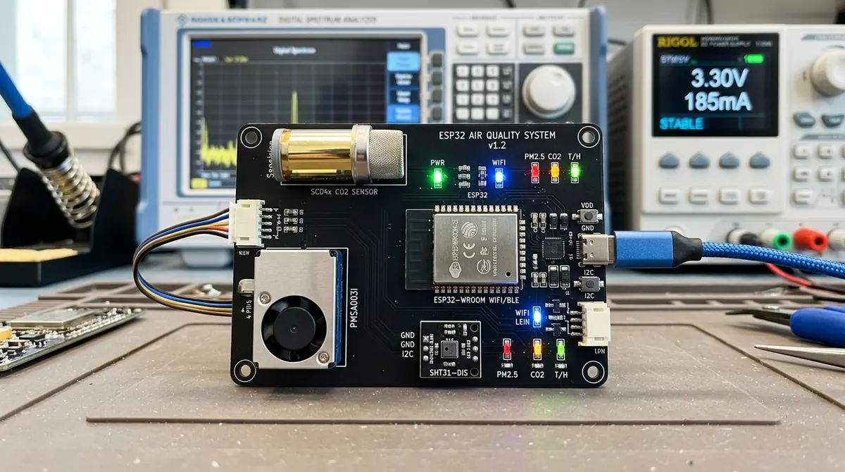 ESP32 空气质量板,集成颗粒物、二氧化碳与温湿度传感器,台面上有电源与频谱仪