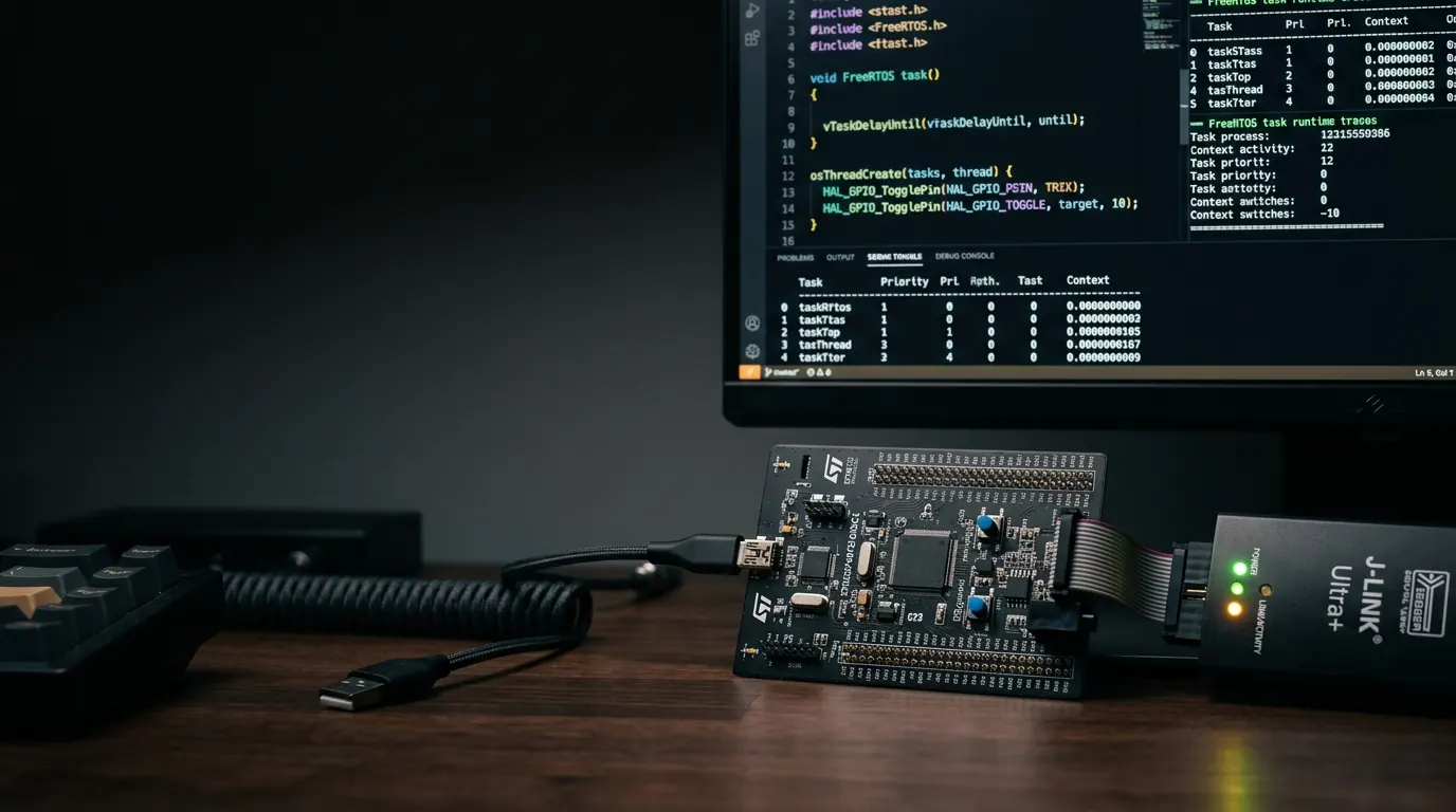 接着调试器的 STM32 开发板,后方屏幕显示 FreeRTOS 任务运行轨迹