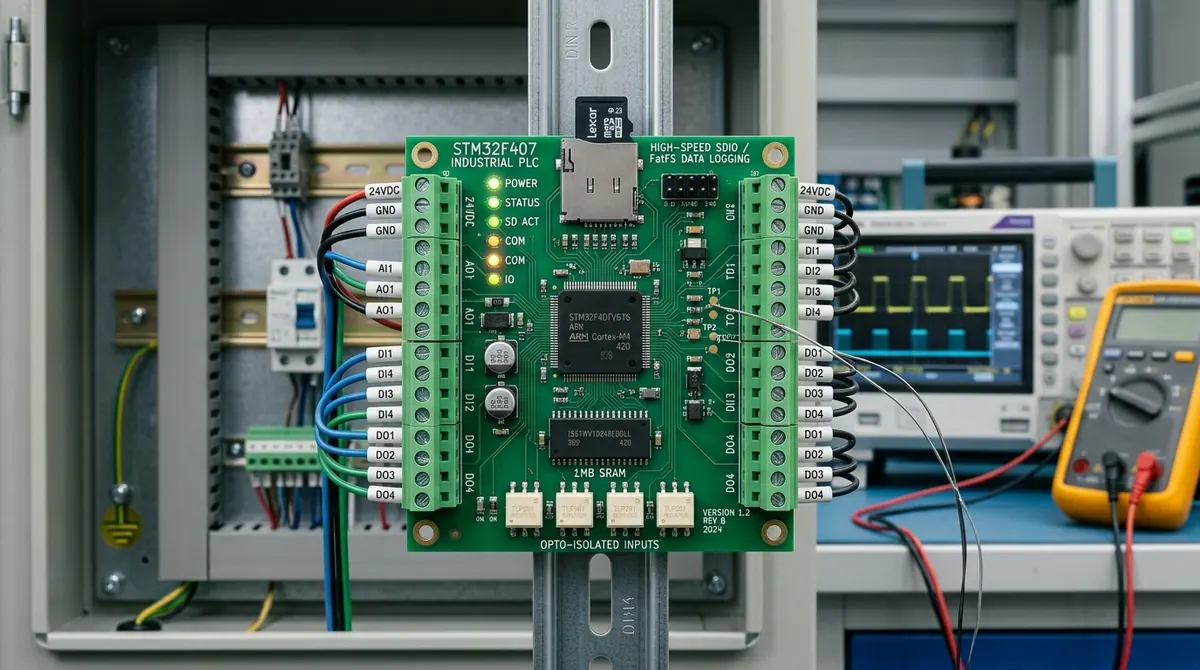 导轨上的 STM32F407 工控板,带光耦隔离 IO 端子与 SD 卡,旁边接着示波器