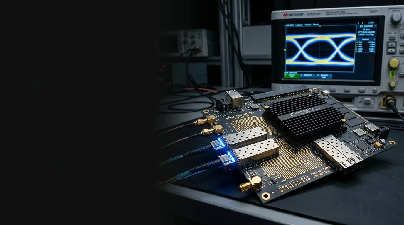 带光模块与光纤跳线的 FPGA 板卡,后方示波器上显示眼图