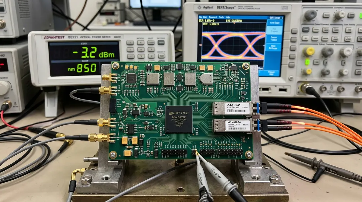 Lattice FPGA 板卡接两个光模块与光纤跳线,旁边光功率计显示 850nm,另一台仪器上是眼图