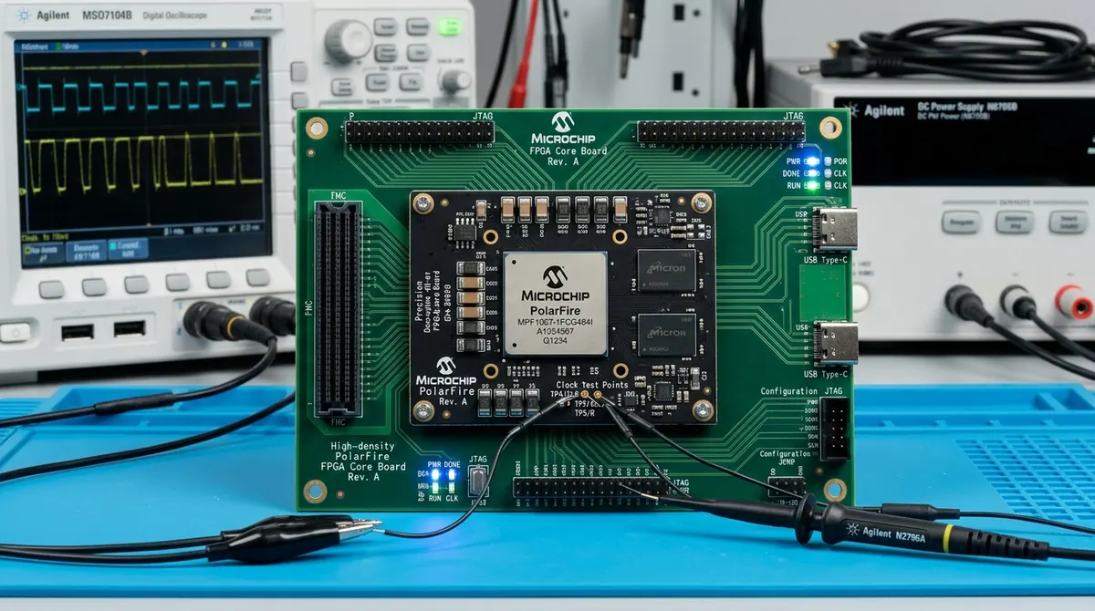 载板上的 PolarFire FPGA 核心板,带 FMC 连接器、JTAG 排针与时钟测试点,示波器探头正在测量
