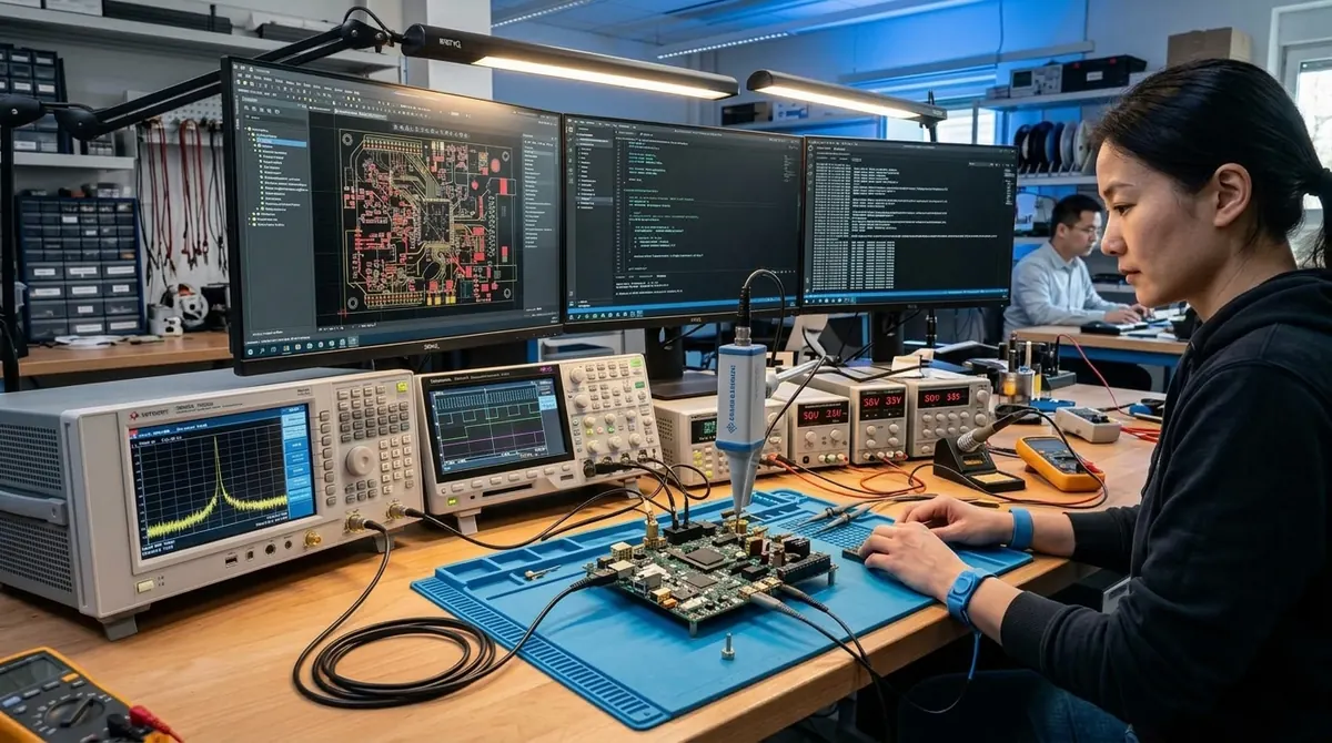工程师调试电路板，屏幕上同时是 PCB 布局、固件代码与串口日志，旁边是示波器与频谱仪