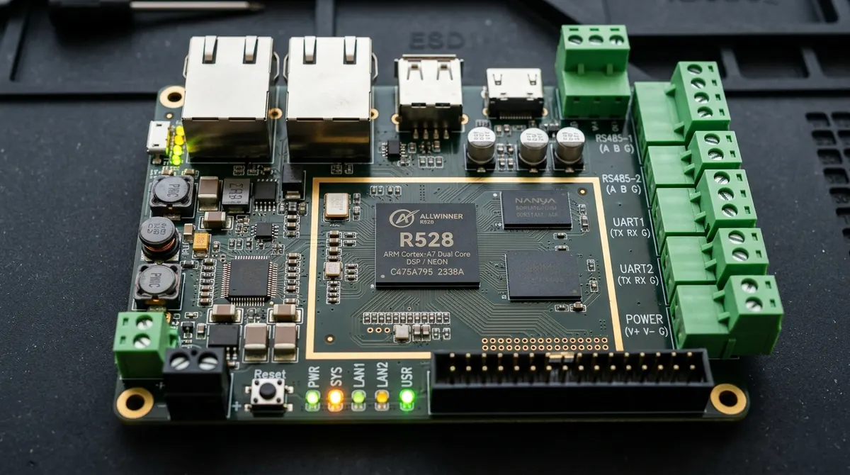 全志 R528 控制板，带以太网、USB、UART 与 RS485 接线�端子和状态指示灯