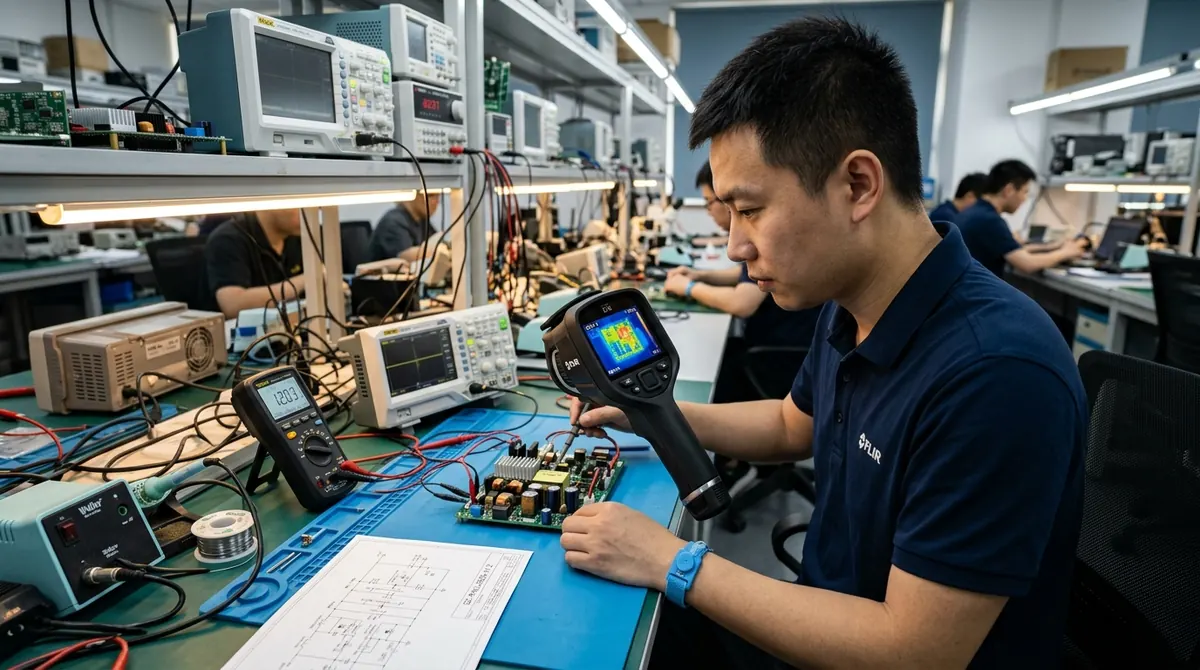 工程师用热像仪检查工作台上的电源板,旁边是万用表与示波器