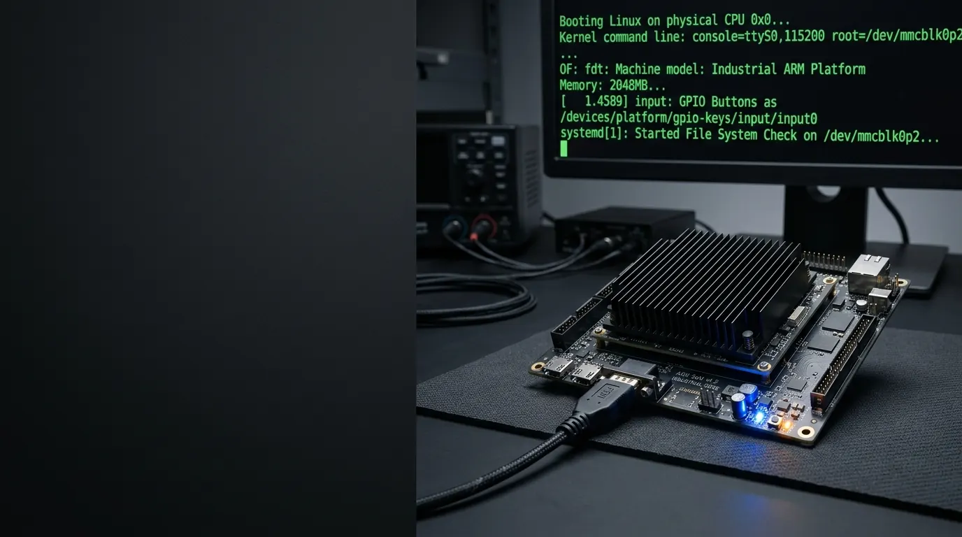 工作台上的单板计算机,后方显示器上是 Linux 内核启动日志