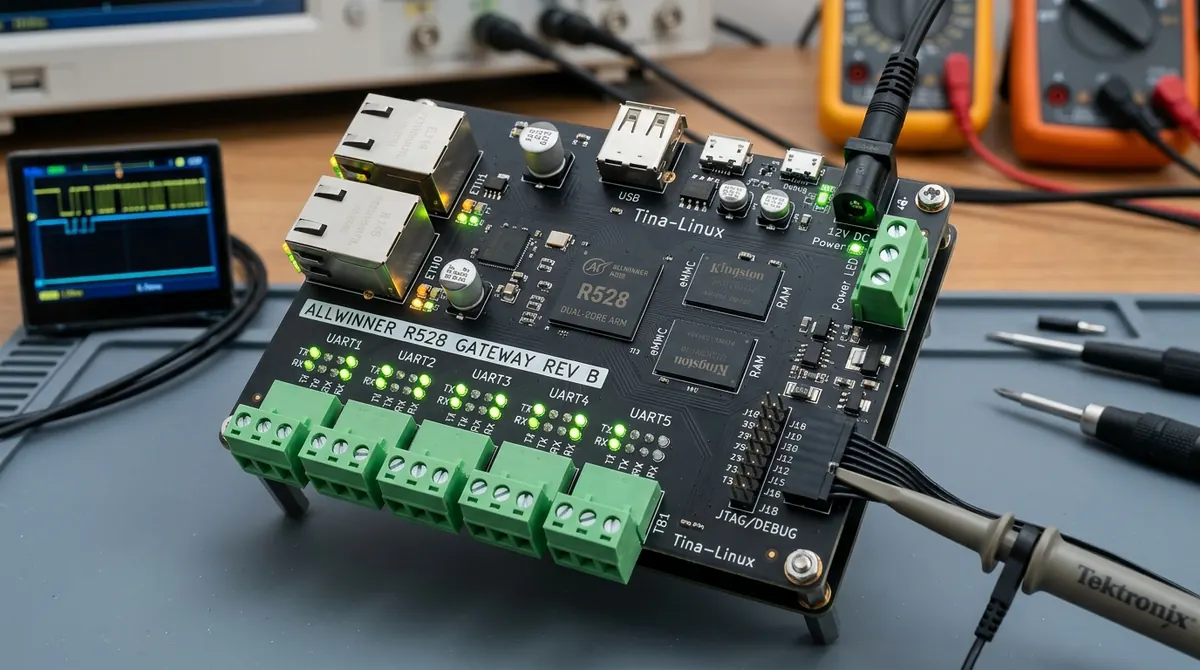 全志 R528 网关板,带五路 UART 接线端子、双以太网与 JTAG 调试排针,示波器探头正在测量