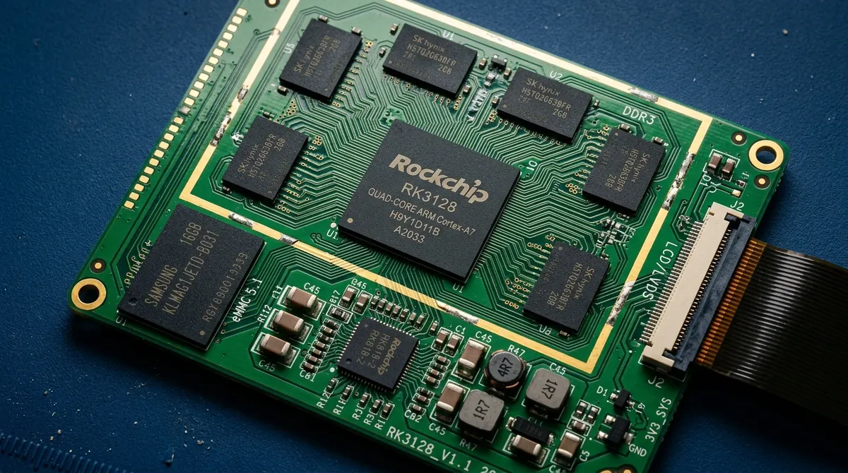 RK3128 核心板,配 DDR3 内存颗粒、eMMC 与 LVDS 显示接口