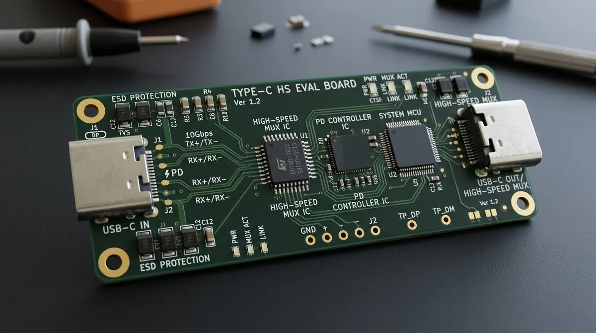 USB Type-C 评估板,含高速 MUX、ESD 保护与两个 Type-C 接口间等长的差分对