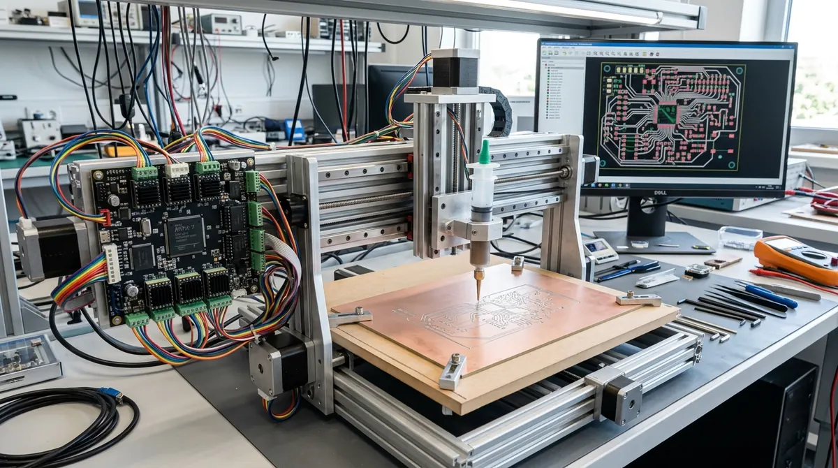 由步进电机与 FPGA 控制板驱动的绘图仪龙门,后方显示器上打开着 PCB 布局